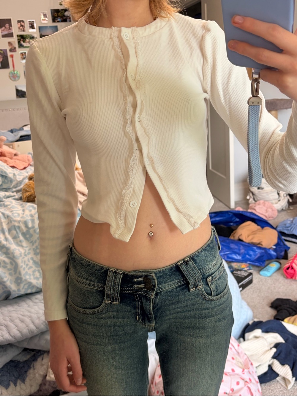 Tiger Mist Cream Ribbed Lace-Trim Button Crop Top